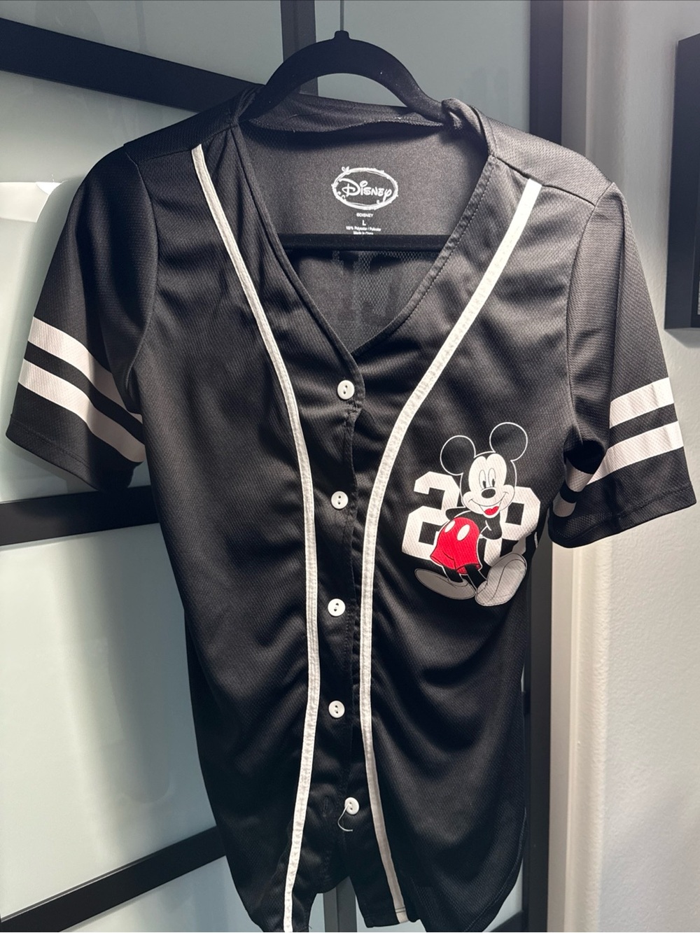 Disney Black Baseball Jersey with White Trim and Red Accent